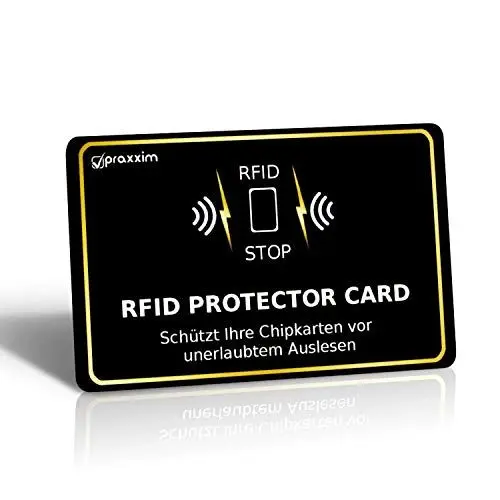Produktbild: praxxim RFID Blocker Karte in schwarz/Gold – Störsender bietet RFID Schutz gegen das Auslesen von Kreditkarten – Eine RFID Karte sichert die ganze Geldbörse – Ideale Alternative zur NFC Schutzhülle
