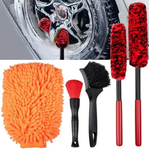 Produktbild: Preciva Auto Reinigungsset, 5tlg. Auto Reinigungsbürsten Set für Auto Reinigung Innenraum und Außen inkl. Felgenbürste Reifenbürste Innenreinigung-Weiche-Bürste Auto-Waschhandschuh