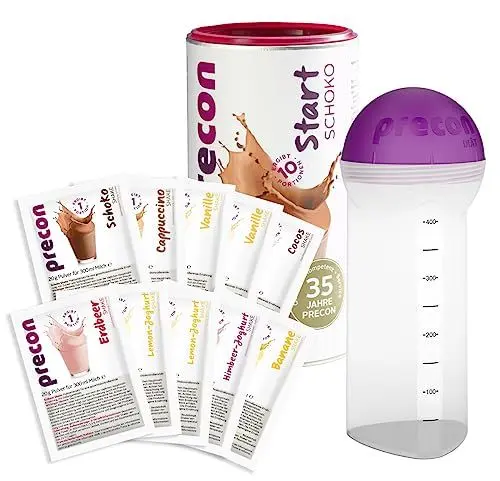 Produktbild: Precon BCM Diät Probierwoche – 10 Start Schoko Portionen – 10 Shake Einzelportionen – 1 Shaker – 1 Precon Handbuch – Mahlzeitenersatz für eine gewichtskontrollierende Ernährung