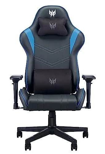 Produktbild: Predator Rift Gaming Stuhl (Abnehmbare Lenden- und Kopfstütze, verstellbare 4D-Armlehnen, Zwei-Polster-Kissen, 155° neigbare Rückenlehne, für Nutzer bis zu 110 kg, Leder Cover) schwarz/blau