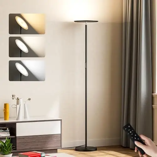 Produktbild: PreeOtti LED Stehlampe Wohnzimmer Dimmbar, Deckenfluter LED Dimmbar, 36W Deckenfluter mit Fernbedienung & Touch-Steuerung, 3 Farbtemperaturen Stufenlos (Schwarz)