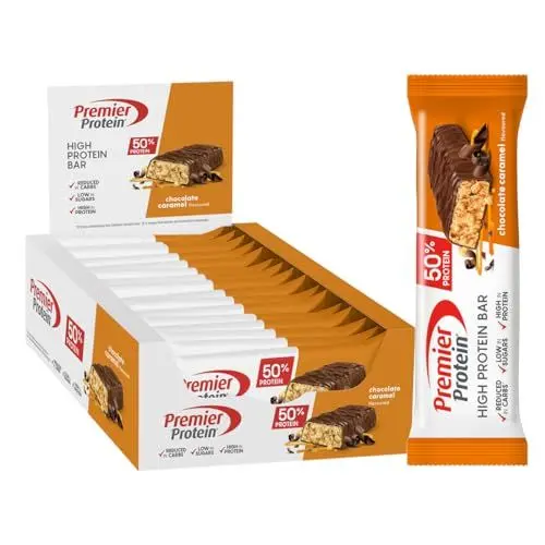 Produktbild: Premier Protein - High Protein Bar 50% - Chocolate Caramel - 16x40g - Low Sugar - Low Carb - palmölfrei