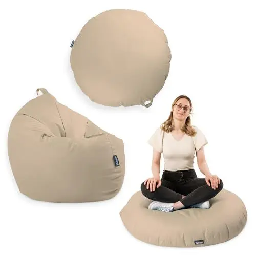 Produktbild: Premium 2-in-1 Sitzsack mit Füllung für Kinder & Erwachsene | Outdoor & Indoor | Sitzkissen Bodenkissen | Spielen & Entspannen | Wasser- und schmutzabweisend (Beige, 100 cm)