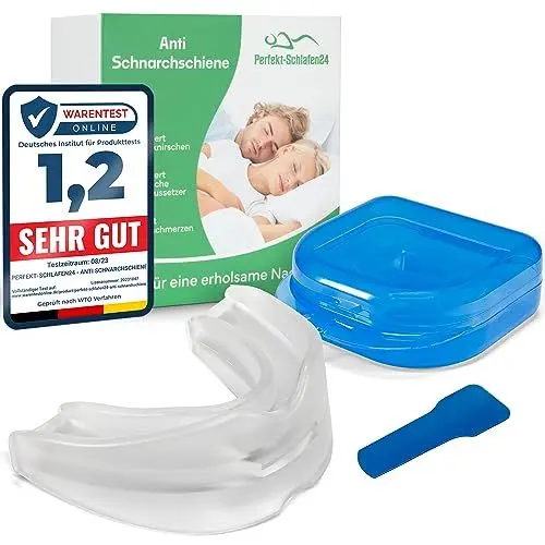 Produktbild: Perfekt-Schlafen24® Premium Aufbissschiene gegen Bruxismus - Test2024 (SEHR GUT) - BPA & Latex frei - Mundstück mit Aufbewahrungsbox - Zahnschiene, schützt den Zahnschmelz (Premium)
