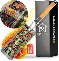 Produktbild: EdelKüche Premium Grillkorb aus Edelstahl für Gemüse und Fleisch | XXL, Rund, Zylindrisch, Groß | Drehspieß | Abnehmbarer Griff | Grillzubehör, Außengrill, Grillnetzrohr, Grillnetz | super Geschenk