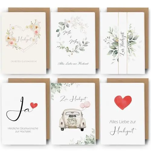 Produktbild: Premium Hochzeitskarte Set mit Hochwertigem Umschlag aus Kraftpapier (6 Stück) - Karte Hochzeit Modern, Glückwunschkarte Hochzeit Edel Personalisiert Schöne Hochzeit Geschenke für Brautpaar(12x17cm)