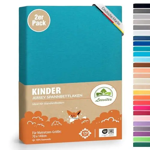 Produktbild: Premium Kinder Spannbettlaken leevitex® | 2er Set | Für Babybett & Kinderbett 70 x 140 cm | 100% hochwertige Mako-Jersey-Baumwolle | Öko Tex geprüft | Petrol