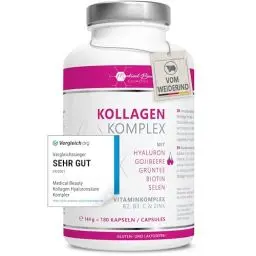 Produktbild: Premium Kollagen Hyaluronsäure Komplex - mit dem Superfood Gojibeere und Grüntee - 180 Kollagen Kapseln vom Weiderind. 1000mg Kollagen Hydrolysat, Biotin, Selen, Zink, Vitamine C, B2, B3. Laborgeprüft