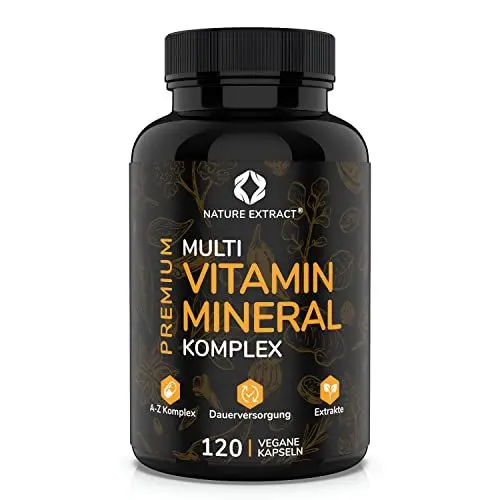 Produktbild: Premium Multivitamin und Mineral Komplex - 120 hochdosierte Kapseln - Essenzielle A-Z Vitamine, Mineralien und Superfood Pflanzenextrakte - In Deutschland hergestellt - Vegan