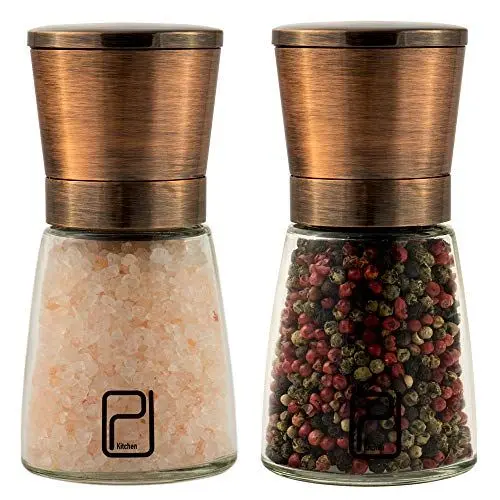 Produktbild: Premium Salz- und Pfeffermühle-Set - Beste kupferfarbige Edelstahl-Mühle, Handliche Magnetdeckel, Keramik-Gewürzmühle mit einfach verstellbarem Mahlgrad, Salz- und Pfefferstreuer oben