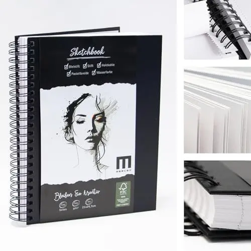 Produktbild: Premium Skizzenbuch DIN A4, 100 Seiten, 200 g/m² starkes Zeichenpapier - Sketchbook Malblock für Künstler & Designer - Ideal für Skizzen, Zeichnungen & Notizen - Robustes Hardcover mit Spiralbindung