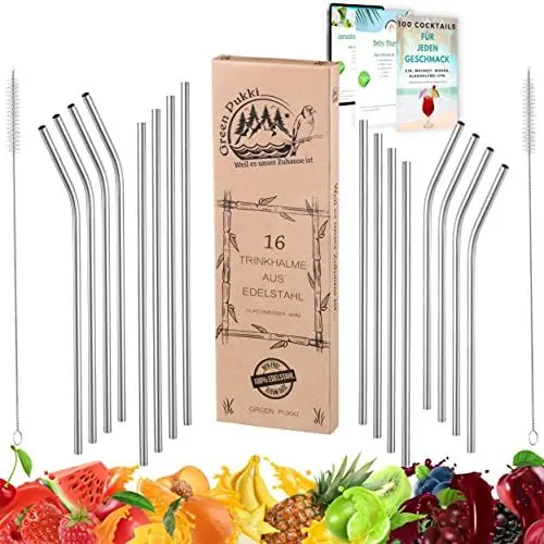 Produktbild: Premium Strohhalme Edelstahl - 16 Stück in 4 Varianten + 2 Reinigungsbürsten - 100% sicher und umweltfreundlich - Metall Strohhalm, Trinkhalme Edelstahl, Strohhalme Wiederverwendbar