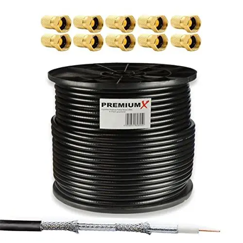 Produktbild: Premium X 100m Basic Koaxialkabel schwarz 135dB 4-Fach geschirmt SAT TV Koax Antennenkabel Satelliten-Kabel 10x F-Stecker