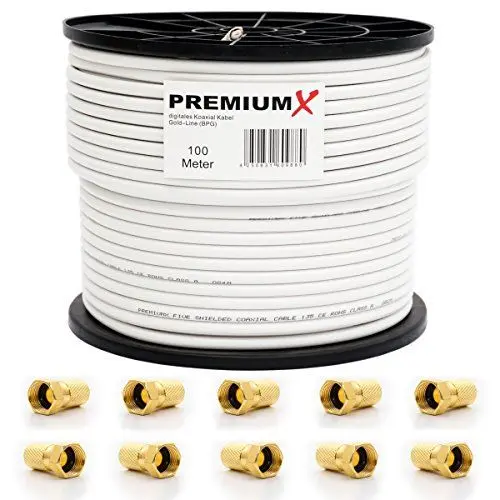 Produktbild: Premium X 100m BASIC PRO Gold-Line Koaxial Kabel 135dB 5-Fach geschirmt SAT Antennenkabel 10x F-Stecker
