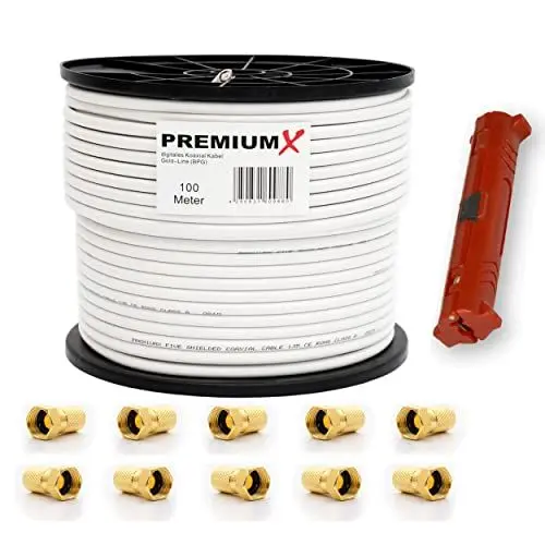 Produktbild: Premium X 100m BASIC PRO Gold-Line Koaxial Kabel 135dB 5-Fach geschirmt SAT Antennenkabel 10x F-Stecker Abisolierer