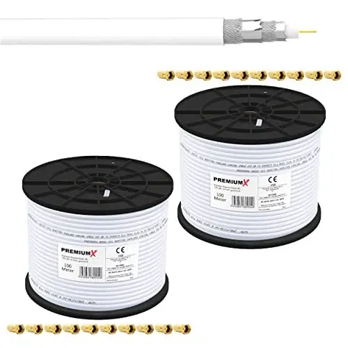 Produktbild: Premium X 200m 2X 100m Basic Koaxialkabel 135dB 4-Fach SAT Antennenkabel Satellitenkabel Koax-Kabel RG6 Digital 20x F-Stecker