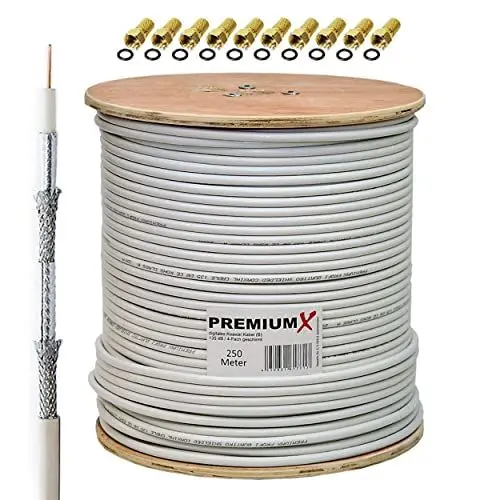 Produktbild: Premium X 250m Basic Koaxialkabel 135dB 4-Fach SAT Antennenkabel Koax-Kabel DVB-S / S2 DVB-C DVB-T BK Anlagen 10x F-Stecker