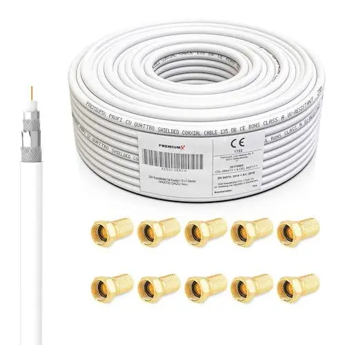 Produktbild: Premium X 25m PROFI Koaxialkabel KUPFER 135dB 4-fach SAT Antennenkabel Koax-Kabel DVB-S / S2 DVB-C DVB-T BK Anlagen Satellitenkabel 10x F-Stecker