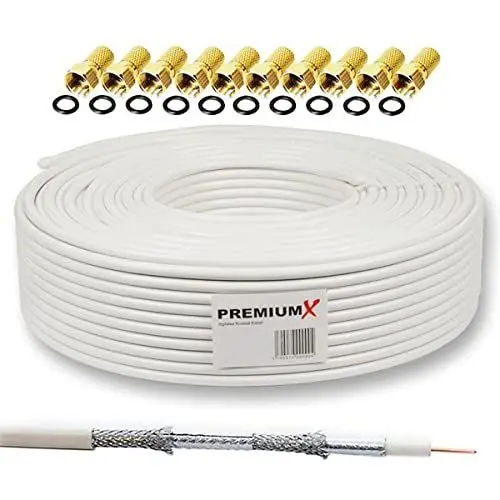 Produktbild: Premium X 25m SAT Koaxial Kabel 135dB 4-fach SAT Antennenkabel Koaxialkabel Koaxkabel Satellitenkabel 4K 1080p FULL HD HDTV DVB-S/S2 DVB-C DVB-T BK Anlage SAT-Kabel 10x F-Stecker