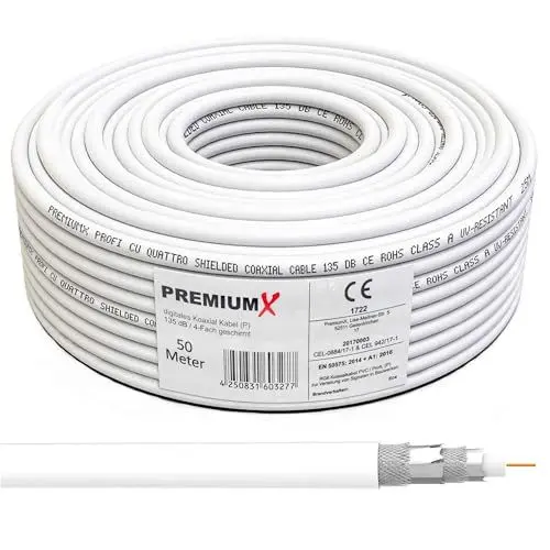 Produktbild: Premium X 50m Profi Koaxialkabel Kupfer 135dB 4-Fach SAT Antennenkabel Koax-Kabel DVB-S / S2 DVB-C DVB-T BK Anlagen Satellitenkabel