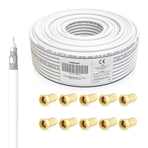 Produktbild: Premium X 50m Profi Koaxialkabel Kupfer 135dB 4-Fach SAT Antennenkabel Koax-Kabel DVB-S / S2 DVB-C DVB-T BK Anlagen Satellitenkabel 10x F-Stecker