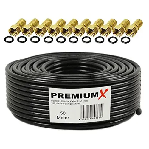 Produktbild: Premium X 50m PROFI Koaxialkabel Schwarz 130dB 4-fach CU KUPFER Satelliten Koax-Kabel SAT Antennenkabel 10x F-Stecker