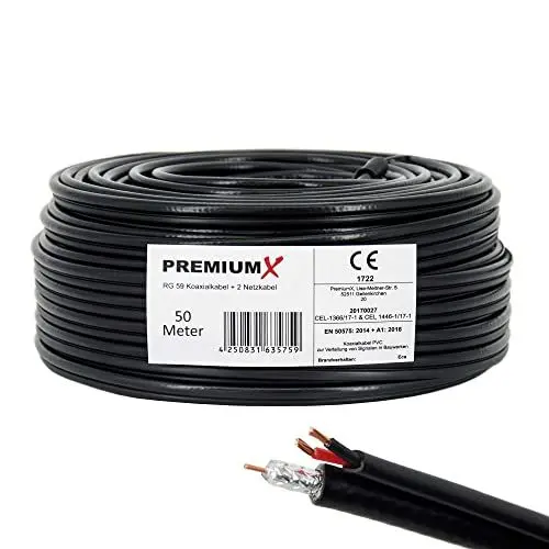 Produktbild: Premium X 50m RG59 Koaxialkabel + 2 Netzkabel Eca Videobild und Stromversorgung Kombi Koaxkabel-Strom Video-Kabel für Videoüberwachung Überwachungskamera