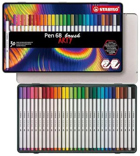 Produktbild: STABILO - Premium-Filzstift mit Pinselspitze für variable Strichstärken - Pen 68 brush - ARTY - 30er Metalletui - mit 30 verschiedenen Farben