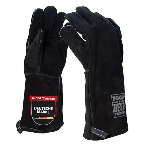 Produktbild: FOOD & BEST FRIENDS EST 1919 Grillhandschuhe, Leder, Anthrazit, Ofenhandschuhe, Rindsspaltleder, hitzebeständig, Premium-Ofenhandschuhe, Wildleder, Grillhandschuhe, Ofen, Kamin, Essen