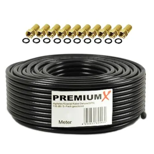 Produktbild: PremiumX 50m DELUXE PRO Koaxial Kabel Schwarz 135dB 5-Fach geschirmt reines Kupfer SAT Antennenkabel 10x F-Stecker