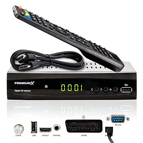 Produktbild: PremiumX Satelliten-Receiver HD 521 B FTA Digital SAT TV-Receiver DVB-S2 FullHD HDMI SCART 2X USB Multimedia-Player, 12V Externe Netzteil