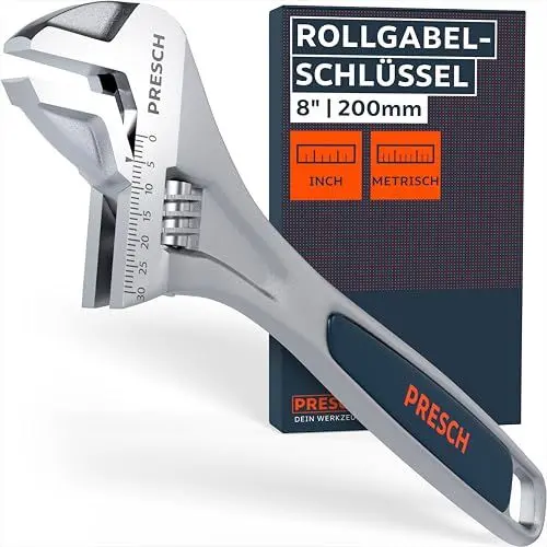 Produktbild: PRESCH Rollgabelschlüssel 200mm - Lasergravierte Skala 30mm (metrisch & inch) - Hochpräzise gefräst für besten Halt - Robuster, verstellbarer Schraubenschlüssel - Hochwertiges Engländer Werkzeug