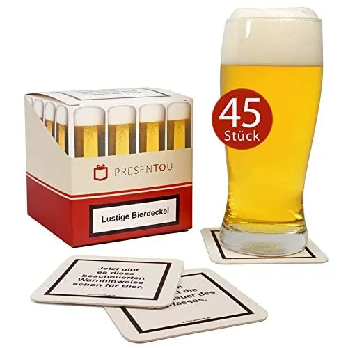 Produktbild: Presentou 45 Lustige Bierdeckel Getränke-Untersetzer mit Warnhinweisen | Party-Gag | Glas-Untersetzer als Gastgeschenk für den nächsten Pokerabend oder Jungesellen-Abschied | Männergeschenk