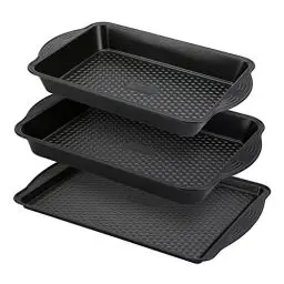 Produktbild: Prestige Aerolift Backbleche für Backofen, antihaftbeschichtet, 3er-Set, spülmaschinenfest, Ofenblech-Set mit extra großen Griffen, langlebige Bratformen aus Karbonstahl 5 Jahren, Schwarz, 48638