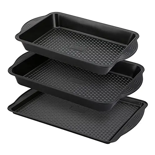 Produktbild: Prestige Aerolift Backbleche für Backofen, antihaftbeschichtet, 3er-Set, spülmaschinenfest, Ofenblech-Set mit extra großen Griffen, langlebige Bratformen aus Karbonstahl 5 Jahren, Schwarz, 48638