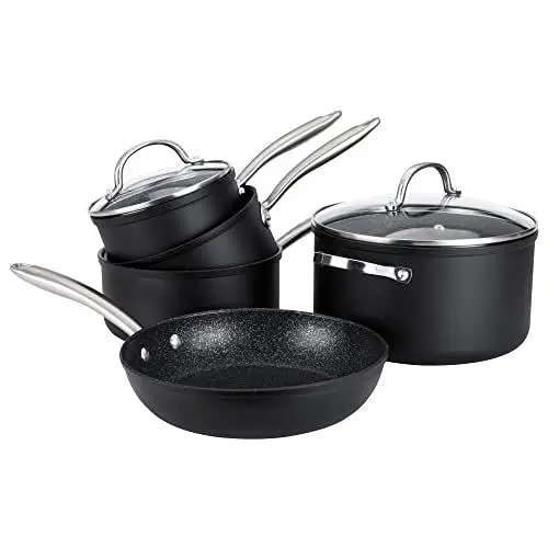 Produktbild: Prestige Scratch Guard Topfset Induktion mit Schmortopf und Bratpfanne - Aluminium - Kratzfest - Ofen- & Spülmaschinenfest - 5-teiliges Kochgeschirr Set Schwarz - 10 Jahre Garantie