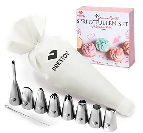 Produktbild: PRESTOV Spritzbeutel Mit Tüllen - 8 Spritztüllen Set - 35 cm Vorgeschnitte Baumwoll Spritzbeutel groß -Spritzbeutel Wiederverwendbar mit mehreren Dekorations tüllen, backzubehör für Torten und Gebäck