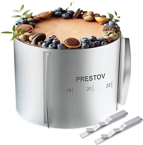 Produktbild: PRESTOV Tortenring Verstellbar 15cm profi Tortenring hoch - Am besten für hohe und mehrschichtige Kuchen-16-30cm Backring - eingravierter Skala und Befestigungsclips -Edelstahl mit Abgerundeten Kanten