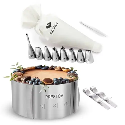 Produktbild: PRESTOV Tortenring Verstellbar 8.5cm mit 35 cm Vorgeschnitte Baumwoll Spritzbeutel und 8 Tüllen - Tortenring hoch 16-30cm Backring mit eingravierter Skala, Befestigungs Clips mit Abgerundeten Kanten