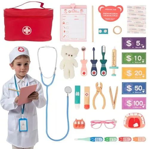 Produktbild: Pretend Play Home Office Set für Kinder,10Pcs Büro Playset mit hölzernem Spielzeug Laptop-Telefon für Vorschulkinder Alter 3+ Jahre (Arzt)