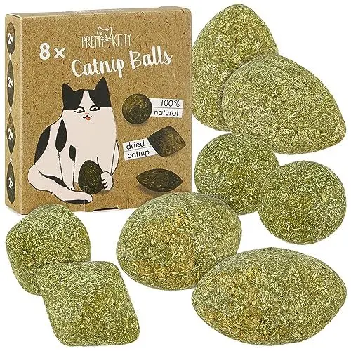 Produktbild: PRETTY KITTY Katzenminze Ball zum Spielen: 8X Premium Katzenminze Spielzeug für Katzen aus getrockneter Katzenminze – Aufregendes Katzenspielzeug mit Katzenminze – Spielzeug Katze Cat Accessories by