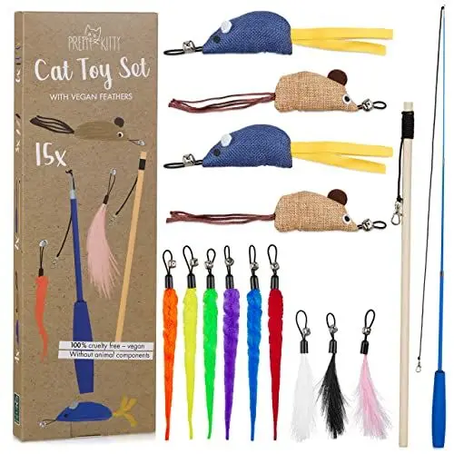 Produktbild: PRETTY KITTY Katzenspielzeug Set Vegan: Großes 15 Teile Katzen Spielzeug Set mit Katzenangel, Kunstfedern und Katzenminze Spielzeug Spielzeug Katze