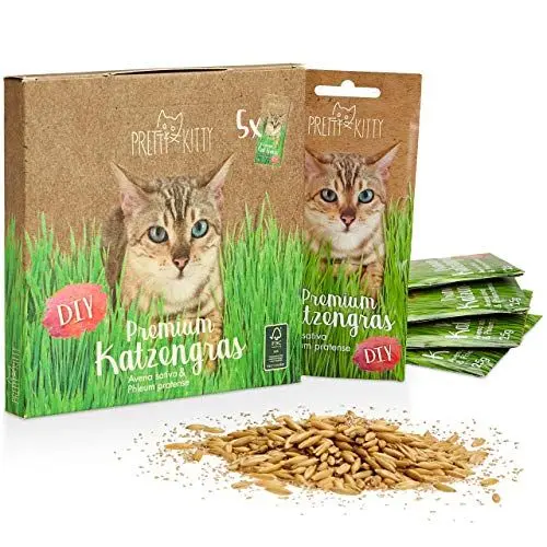Produktbild: PRETTY KITTY Premium Katzengras Saatmischung: 5 Beutel je 25g Katzengras Samen für 50 Töpfe fertiges Katzengras – Eine grüne Katzen Wiese – Natürliche Katzen Leckerlies – Pflanzen Samen - Grassamen
