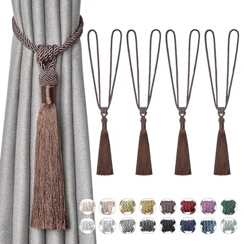Produktbild: Pretty Jolly Langen Quasten Vorhang-Raffhalter Handmade geflochtene Seil Knoten drapierte Raffhalter Elegante dekorative Vorhanghalter für Zuhause und Büro, Kaffee, 4 Stück