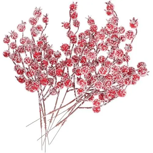 Produktbild: PRETYZOOM 10 Stück Künstliche Beerenstängel Schnee Gefrostet Gefälschte Beerenzweige Kleben Stechpalmenbeeren Blumenarrangement Weihnachtsbaumdekor für Thanksgiving-Herbstparty (Rot)