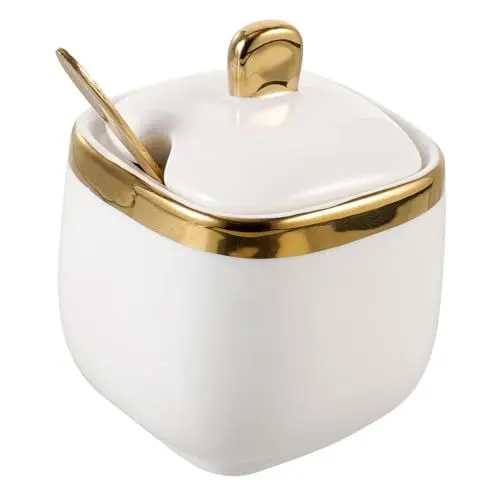 Produktbild: PRETYZOOM 1 Stk Gewürzdose Aus Keramik Zuckerkeller Zuckerbehälter Gewürzgef?? Mit Goldrand Gewürztopf Gewürz- Jar- Set. Zuckerschalen Salzgl?ser Kanister Edelstahl Und Salz Würze Weiß