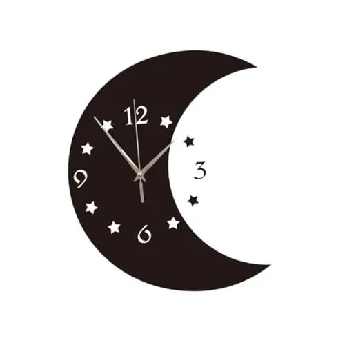 Produktbild: PRETYZOOM 1 Stück Spiegelwanduhr Mond Wanduhr Wohnzimmerwanduhr Schlafzimmer dekorativ Uhrenwand Wohnzimmerdekor Wohnkultur modern geformt Hängende Uhr Hängeuhr für zu Hause Schwarz