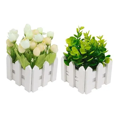 Produktbild: PRETYZOOM Realistische Künstliche Grüne Pflanze Mit Holzzaun Home Office Pflegeleichte Künstliche Blumen