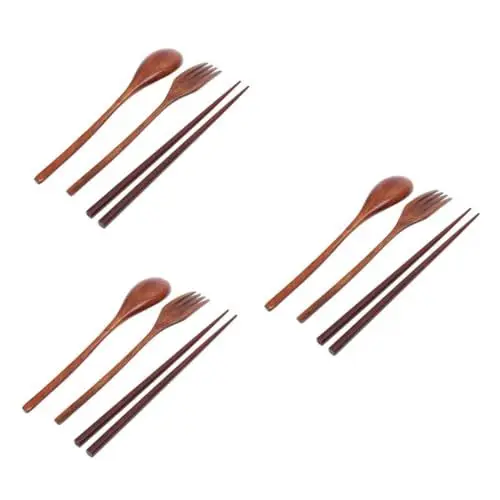 Produktbild: PRETYZOOM 3St Geschirr im japanischen Stil koreanische Utensilien Suppenlöffel aus Holz runder reislöffel Besteck Holzgabel Löffel Essstäbchen hölzern einstellen Südkorea reisen