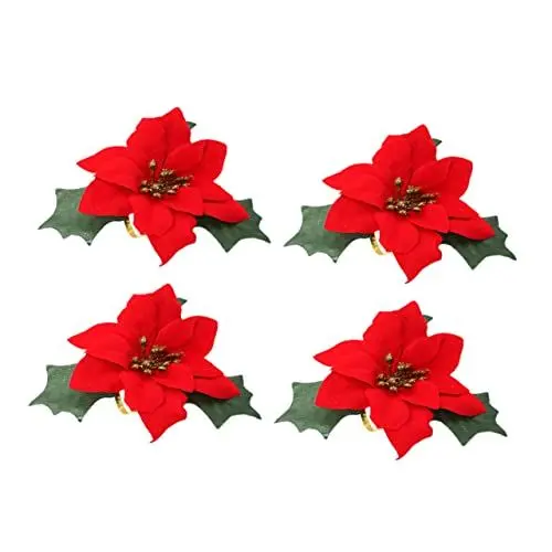 Produktbild: PRETYZOOM 4 Stück Safran Serviettenringe Weihnachtsserviettenschnalle Serviettenhalter Für Tisch Weihnachtsstern Serviettenhalter Blumenservietten Blumenverzierungen Seidenblume Rot